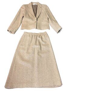 Vintage Austin Hill 100% Wool Skirt Suit Beige Blazer Midi Career Set S
